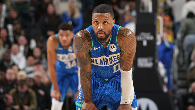 MILWAUKEE, WI - MARCH 21: Damian Lillard #0 of the Milwaukee Bucks looks on during the game against the Brooklyn Nets on March 21, 2024 at the Fiserv Forum Center in Milwaukee, Wisconsin. Mandatory Copyright Notice: Copyright 2024 NBAE .