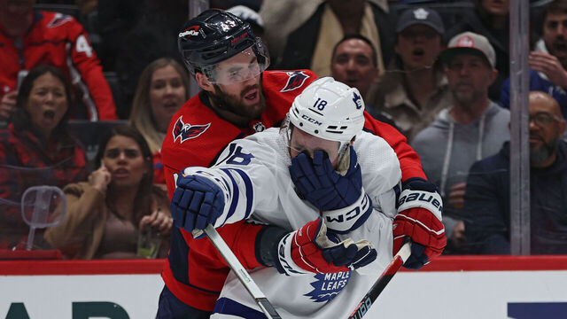 WASHINGTON, DC - MARCH 20: Tom Wilson #43 of the Washington Capitals reacts after he committed a high-sticking penalty on Noah Gregor #18 of the Toronto Maple Leafs during the third period at Capital One Arena on March 20, 2024 in Washington, DC.