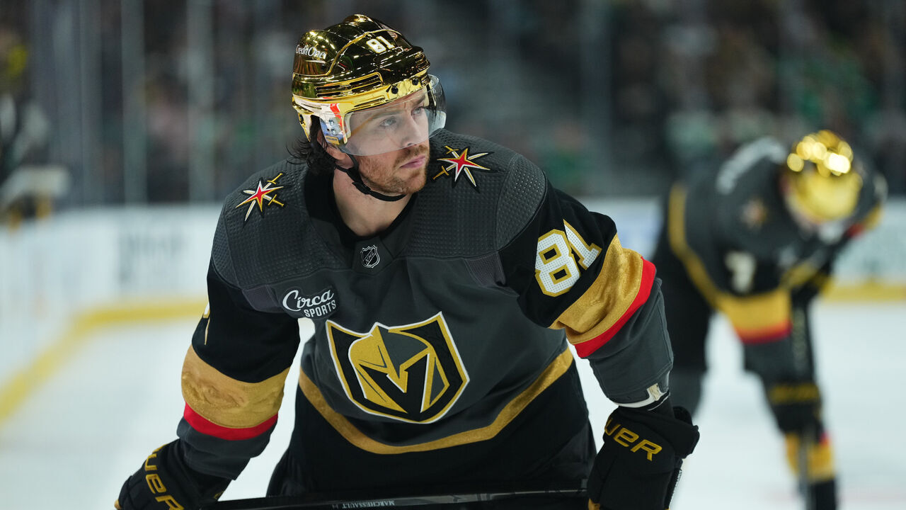 LAS VEGAS, NEVADA - MARCH 17: Jonathan Marchessault #81 of the Vegas Golden Knights skates during the first period against the New Jersey Devils at T-Mobile Arena on March 17, 2024 in Las Vegas, Nevada.