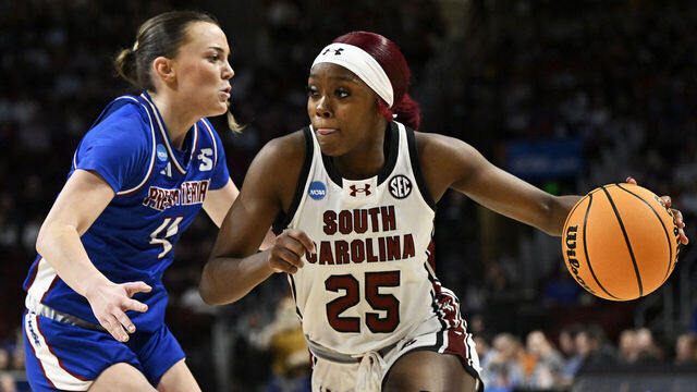 COLUMBIA, SOUTH CAROLINA - MARCH 22: Raven Johnson #25 of the South Carolina Gamecocks drives to the basket against Tilda Sjokvist #4 of the Presbyterian Blue Hose in the third quarter during the first round of the NCAA Women’s Basketball Tournament at Colonial Life Arena on March 22, 2024 in Columbia, South Carolina.