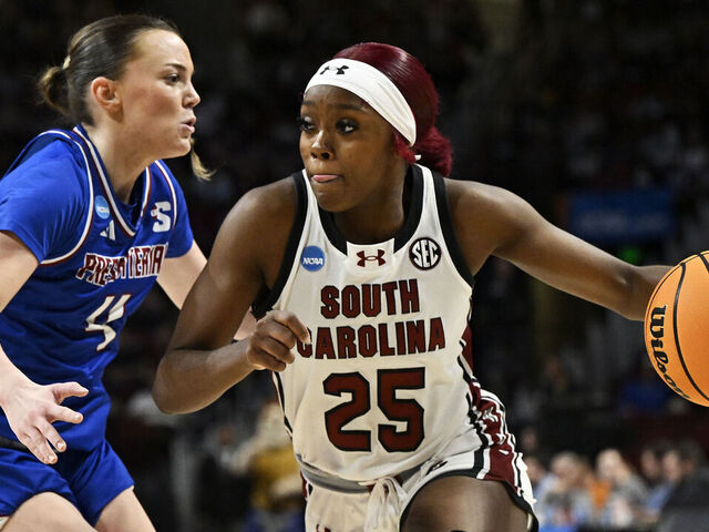 COLUMBIA, SOUTH CAROLINA - MARCH 22: Raven Johnson #25 of the South Carolina Gamecocks drives to the basket against Tilda Sjokvist #4 of the Presbyterian Blue Hose in the third quarter during the first round of the NCAA Women’s Basketball Tournament at Colonial Life Arena on March 22, 2024 in Columbia, South Carolina.