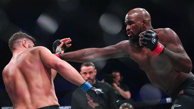 Northern Ireland , United Kingdom - 22 March 2024; Corey Anderson, right, in action against Karl Moore in their light heavyweight title bout during the Bellator Champions Series at the SSE Arena in Belfast.
