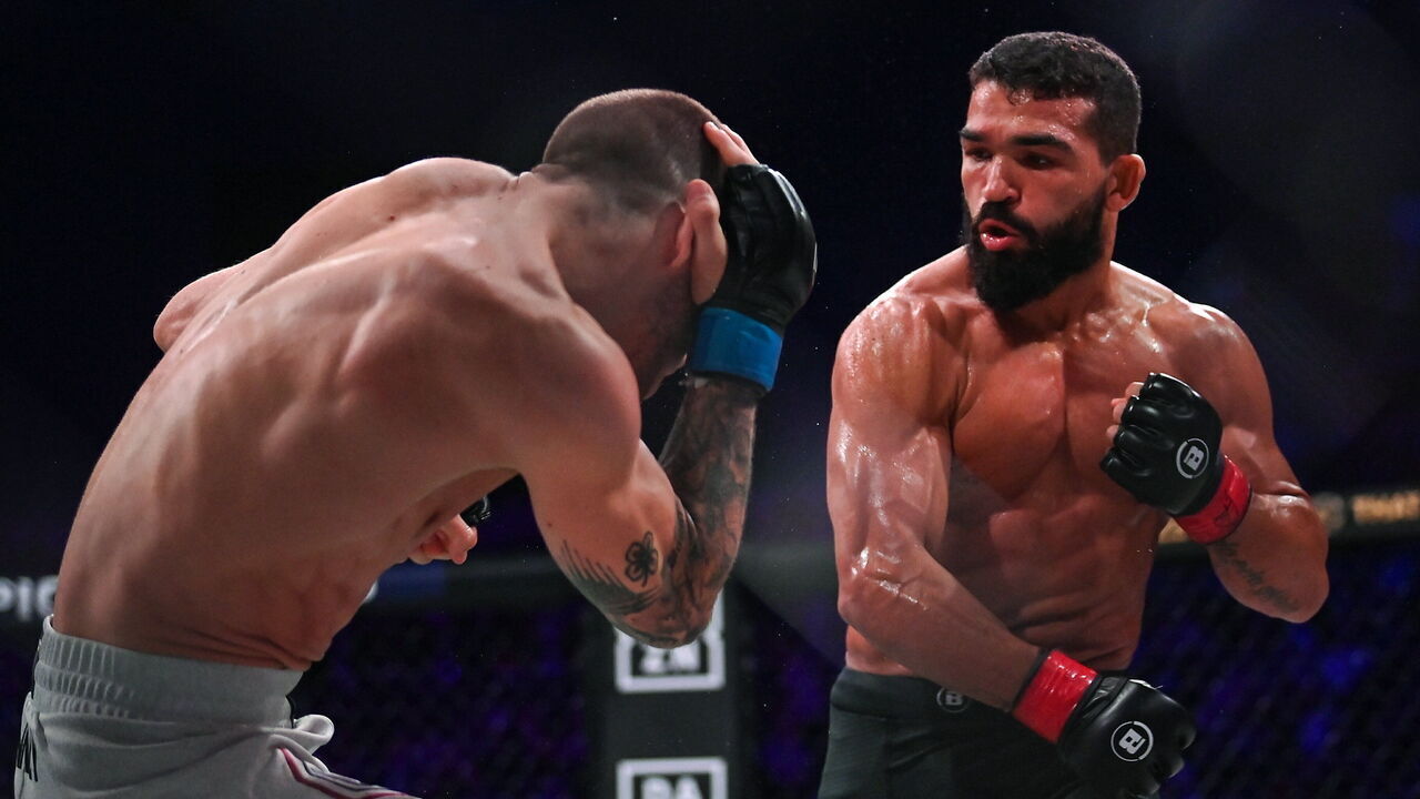 Northern Ireland , United Kingdom - 22 March 2024; Patricio Pitbull, right, in action against Jeremy Kennedy in their featherweight title bout during the Bellator Champions Series at the SSE Arena in Belfast.