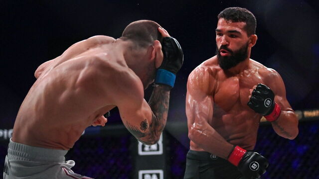 Northern Ireland , United Kingdom - 22 March 2024; Patricio Pitbull, right, in action against Jeremy Kennedy in their featherweight title bout during the Bellator Champions Series at the SSE Arena in Belfast.