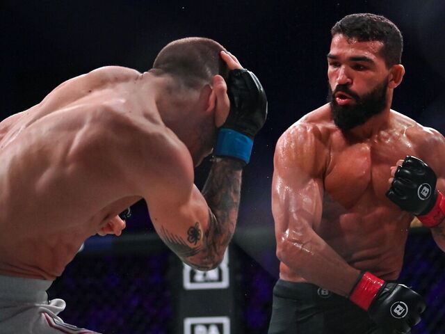 Northern Ireland , United Kingdom - 22 March 2024; Patricio Pitbull, right, in action against Jeremy Kennedy in their featherweight title bout during the Bellator Champions Series at the SSE Arena in Belfast.