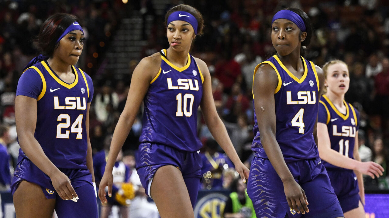 GREENVILLE, SOUTH CAROLINA - MARCH 10: Aneesah Morrow #24, Angel Reese #10, Flau'jae Johnson #4, and Hailey Van Lith #11 of the LSU Lady Tigers stand on the court against the South Carolina Gamecocks in the fourth quarter during the championship game of the SEC Women's Basketball Tournament at Bon Secours Wellness Arena on March 10, 2024 in Greenville, South Carolina.