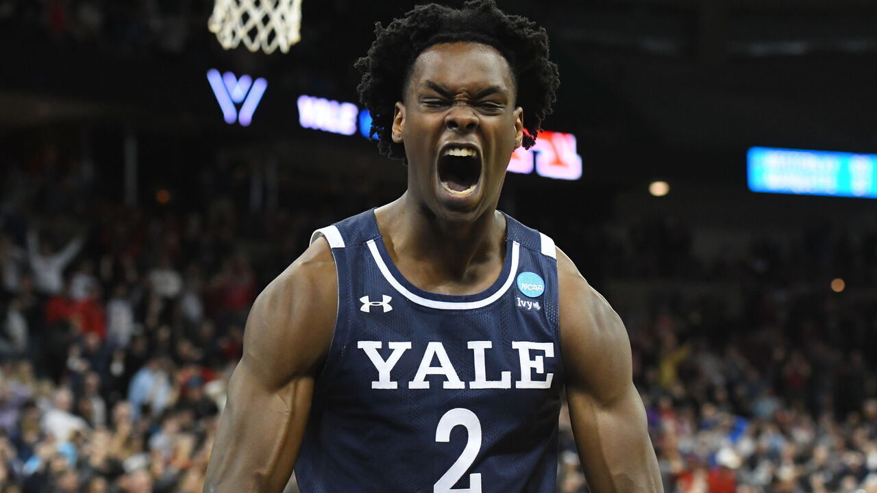 SPOKANE, WASHINGTON - MARCH 22: Bez Mbeng #2 of the Yale Bulldogs celebrates his team's 78-76 win over Auburn Tigers during the first round of the 2024 NCAA Men's Basketball Tournament held at Spokane Veterans Memorial Arena on March 22, 2024 in Spokane, Washington.
