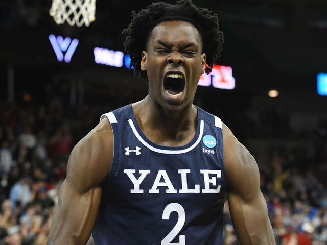 SPOKANE, WASHINGTON - MARCH 22: Bez Mbeng #2 of the Yale Bulldogs celebrates his team's 78-76 win over Auburn Tigers during the first round of the 2024 NCAA Men's Basketball Tournament held at Spokane Veterans Memorial Arena on March 22, 2024 in Spokane, Washington.