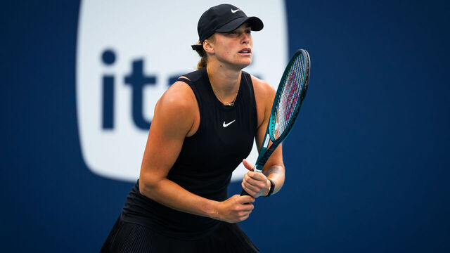 MIAMI GARDENS, FLORIDA - MARCH 22: Aryna Sabalenka in action against Paula Badosa of Spain in the second round on Day 7 of the Miami Open Presented by Itau at Hard Rock Stadium on March 22, 2024 in Miami Gardens, Florida