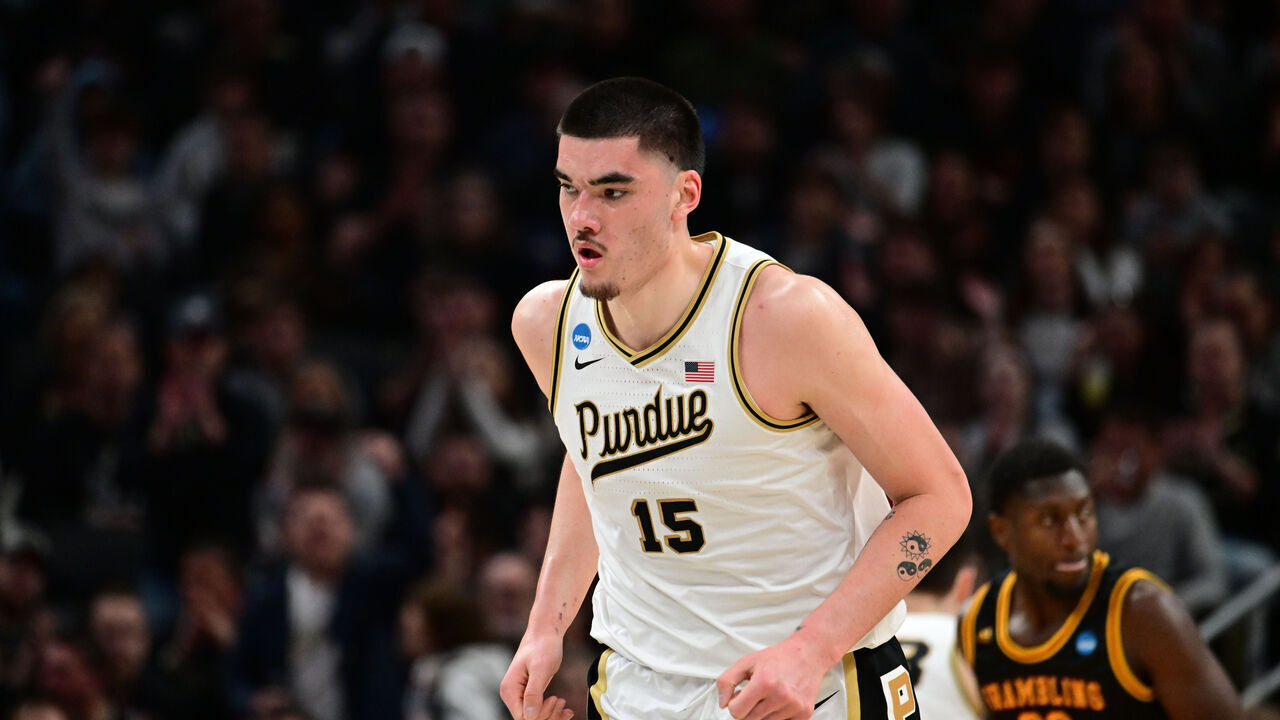 INDIANAPOLIS, INDIANA - MARCH 22: Center Zach Edey #15 of the Purdue Boilermakers heads back on defense during the first round of the 2024 NCAA Men's Basketball Tournament held at Gainbridge Fieldhouse on March 22, 2024 in Indianapolis, Indiana.