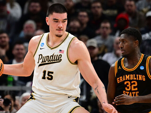 INDIANAPOLIS, INDIANA - MARCH 22: Center Zach Edey #15 of the Purdue Boilermakers goes to the basket during the first round of the 2024 NCAA Men's Basketball Tournament held at Gainbridge Fieldhouse on March 22, 2024 in Indianapolis, Indiana.