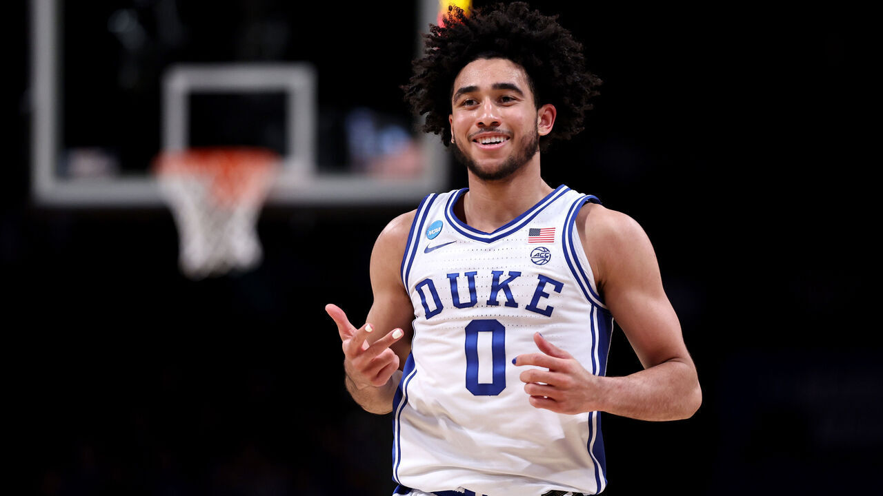 NEW YORK, NEW YORK - MARCH 22: Jared McCain #0 of the Duke Blue Devils celebrates a basket against the Vermont Catamounts during the first round of the 2024 NCAA Men's Basketball Tournament held at Barclays Center on March 22, 2024 in New York City.