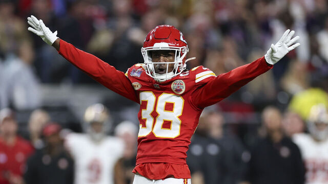 LAS VEGAS, NV - FEBRUARY 11: L'Jarius Sneed #38 of the Kansas City Chiefs celebrates after a play during Super Bowl LVIII against the San Francisco 49ers at Allegiant Stadium on February 11, 2024 in Las Vegas, NV.