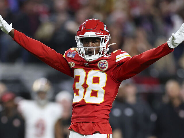 LAS VEGAS, NV - FEBRUARY 11: L'Jarius Sneed #38 of the Kansas City Chiefs celebrates after a play during Super Bowl LVIII against the San Francisco 49ers at Allegiant Stadium on February 11, 2024 in Las Vegas, NV.