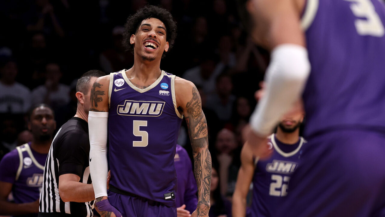 NEW YORK, NEW YORK - MARCH 22: Terrence Edwards Jr. #5 of the James Madison Dukes reacts to a play against the Wisconsin Badgers during the first round of the 2024 NCAA Men's Basketball Tournament held at Barclays Center on March 22, 2024 in New York City.