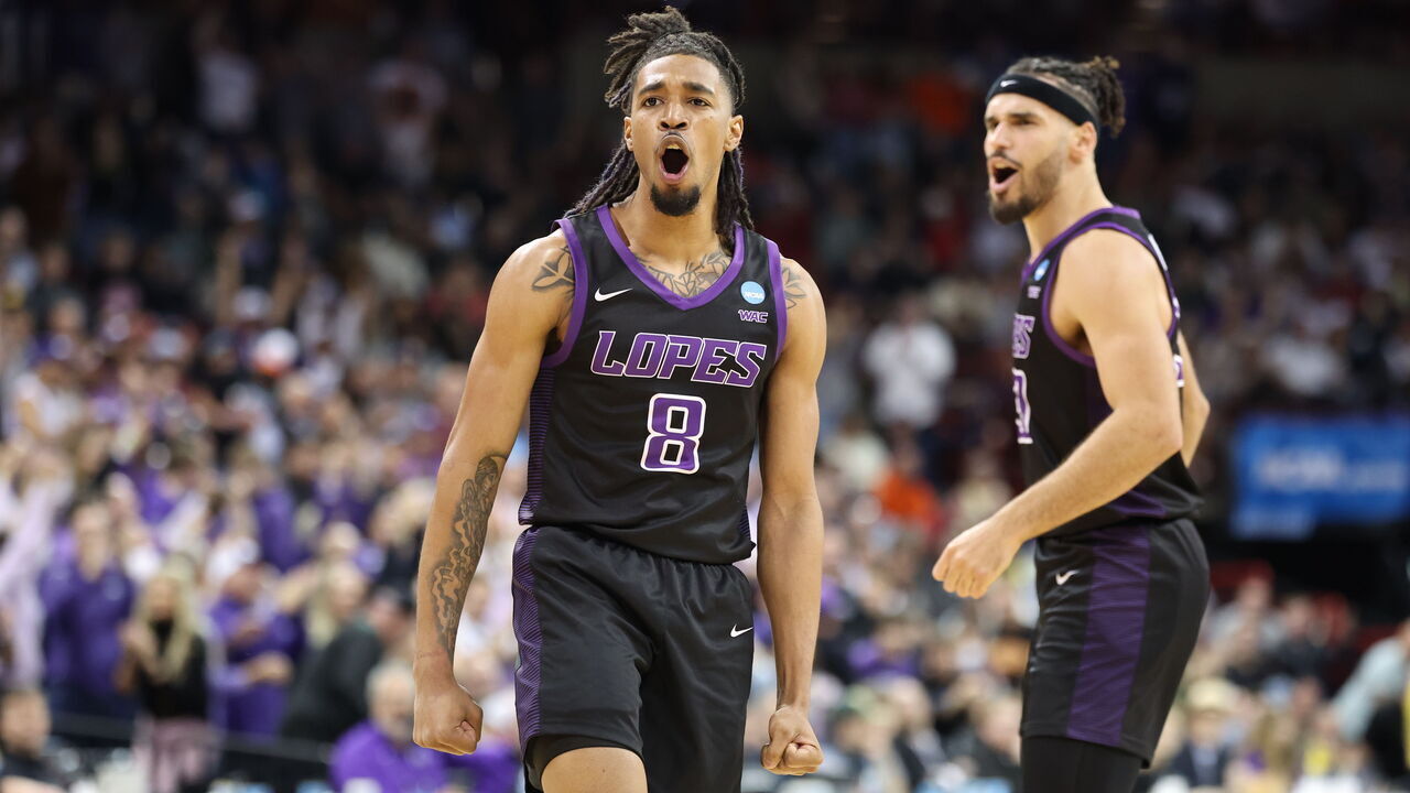 SPOKANE, WASHINGTON - MARCH 22: Collin Moore #8 of the Grand Canyon Antelopes celebrates in the second half against St. Mary's Gaels during the first round of the 2024 NCAA Men's Basketball Tournament held at Spokane Veterans Memorial Arena on March 22, 2024 in Spokane, Washington.