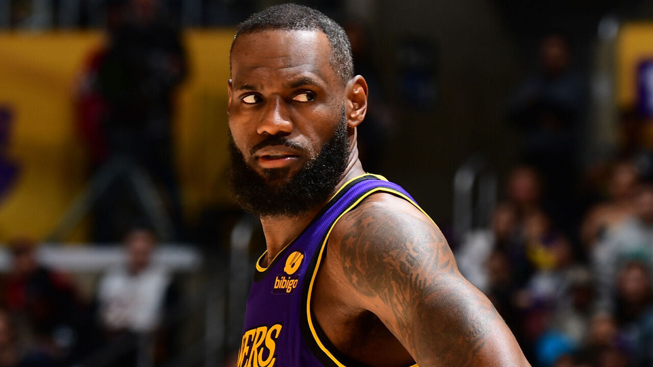 LOS ANGELES, CA - MARCH 22: LeBron James #23 of the Los Angeles Lakers looks on during the game against the Philadelphia 76ers on March 22, 2024 at Crypto.Com Arena in Los Angeles, California. NOTE TO USER: User expressly acknowledges and agrees that, by downloading and/or using this Photograph, user is consenting to the terms and conditions of the Getty Images License Agreement. Mandatory Copyright Notice: Copyright 2024 NBAE