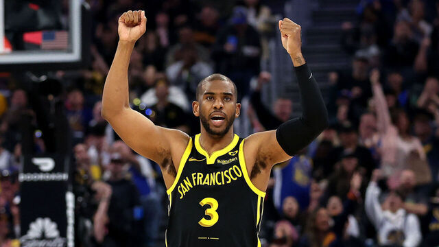 SAN FRANCISCO, CALIFORNIA - MARCH 22: Chris Paul #3 of the Golden State Warriors reacts during their game against the Indiana Pacers in the first half at Chase Center on March 22, 2024 in San Francisco, California.