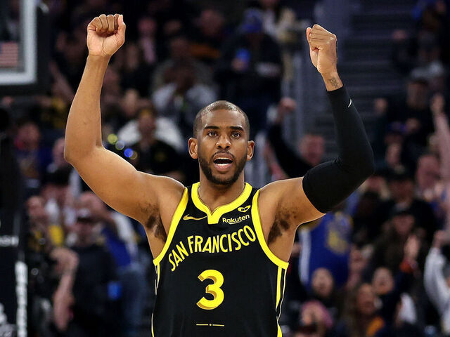 SAN FRANCISCO, CALIFORNIA - MARCH 22: Chris Paul #3 of the Golden State Warriors reacts during their game against the Indiana Pacers in the first half at Chase Center on March 22, 2024 in San Francisco, California.