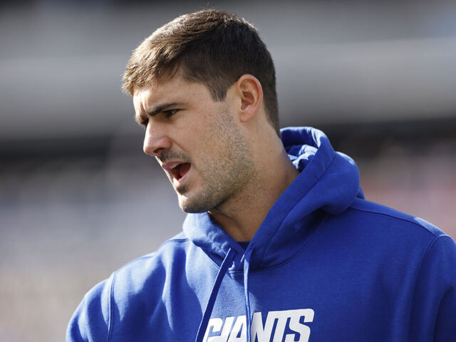 EAST RUTHERFORD, NEW JERSEY - OCTOBER 22: Daniel Jones #8 of the New York Giants looks on before the game against the Washington Commanders at MetLife Stadium on October 22, 2023 in East Rutherford, New Jersey.
