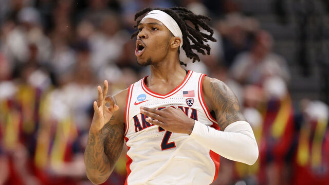 SALT LAKE CITY, UTAH - MARCH 23: Caleb Love #2 of the Arizona Wildcats celebrates a three point basket against the Dayton Flyers during the first half in the second round of the NCAA Men's Basketball Tournament at Delta Center on March 23, 2024 in Salt Lake City, Utah.