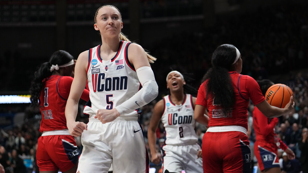 STORRS, CONNECTICUT - MARCH 23: Paige Bueckers #5 of the Connecticut Huskies reacts against the Jackson State Tigers during the first half of a first round NCAA Women's Basketball Tournament game at the Harry A. Gampel Pavilion on March 23, 2024 in Storrs, Connecticut.