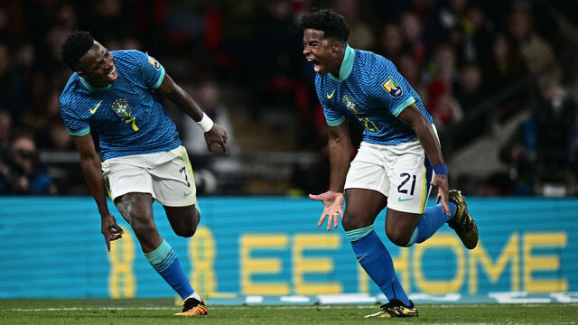 LONDON, ENGLAND - MARCH 23: Endrick of Brazil celebrate with Vinicius Junior after scoring a goal during the international friendly match between England and Brazil at Wembley Stadium on March 23, 2024 in London, England.