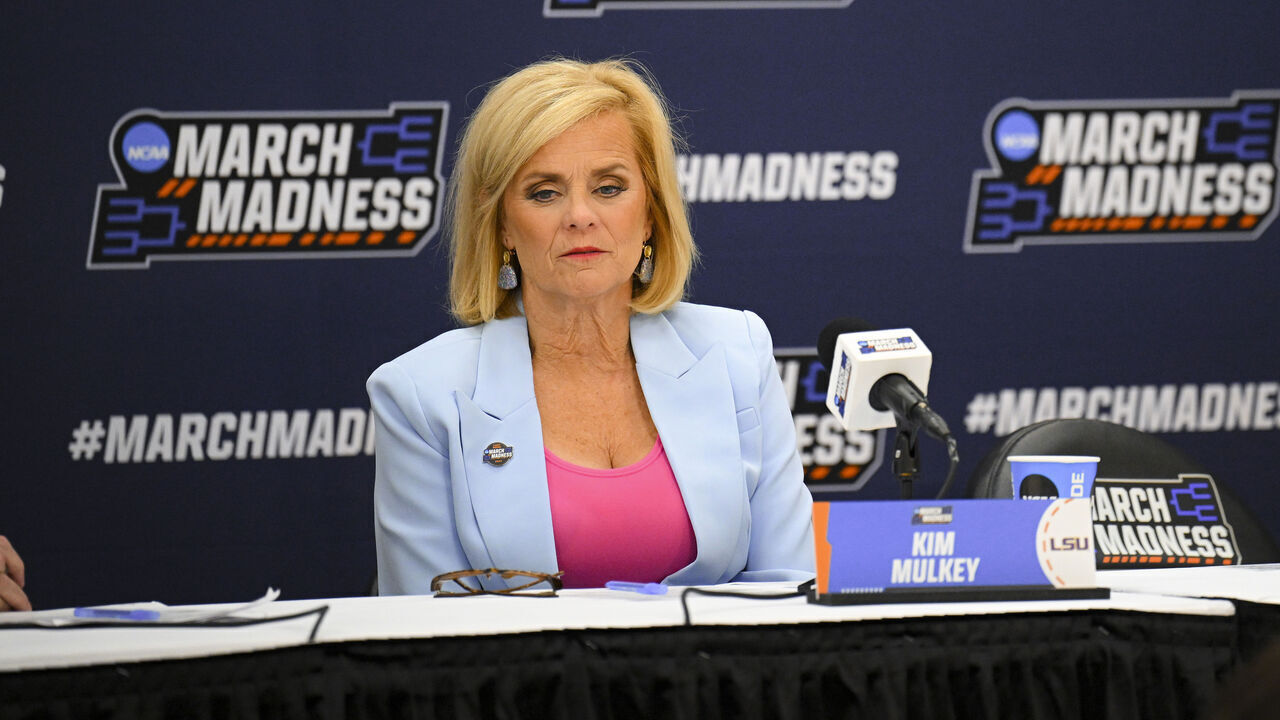 BATON ROUGE, LOUISIANA - MARCH 22: Head Coach Kim Mulkey of the LSU Tigers listens to a question at the press conference during the first round of the 2024 NCAA Women's Basketball Tournament held at Pete Maravich Assembly Center on March 22, 2024 in Baton Rouge, Louisiana.