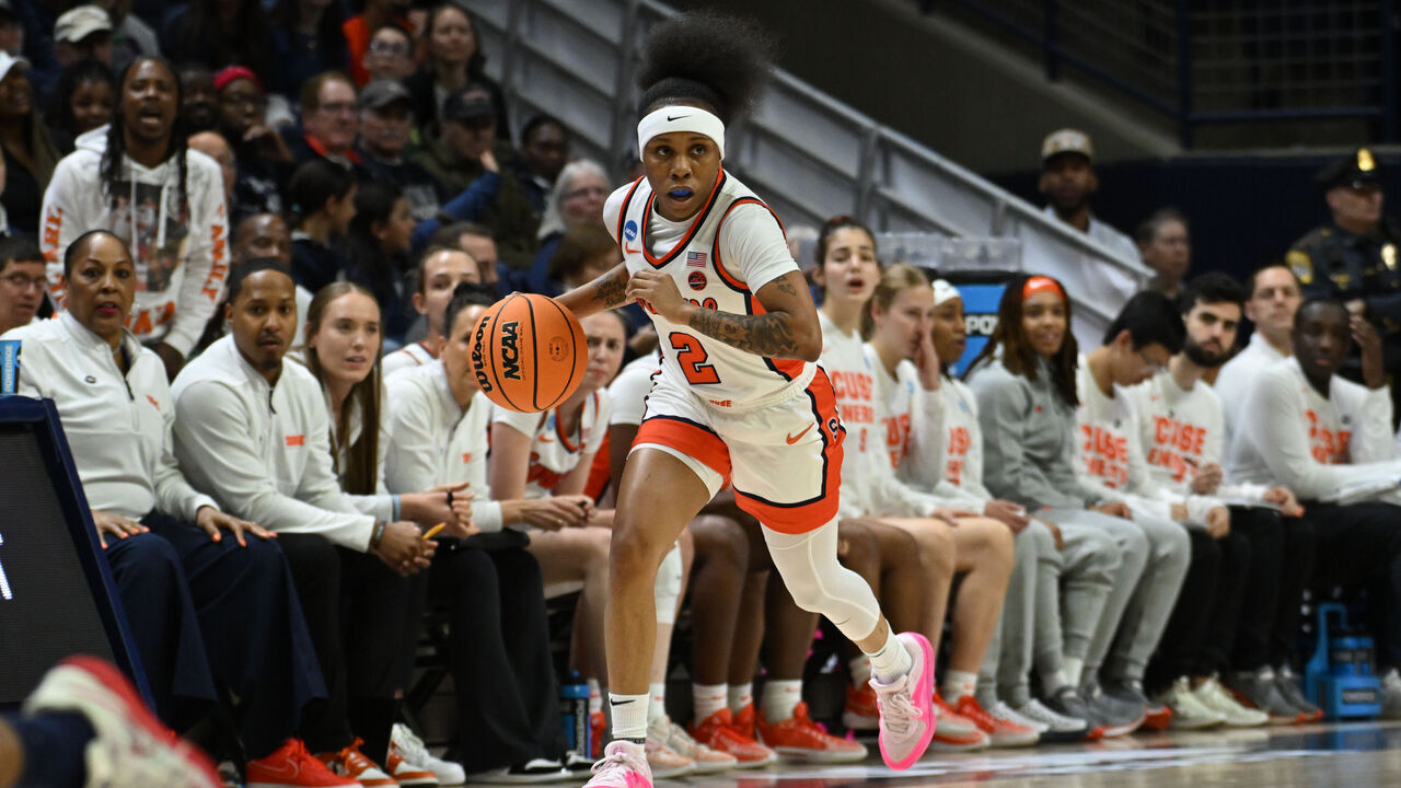 STORRS, CONNECTICUT - MARCH 23: Dyaisha Fair #2 of the Syracuse University Orange brings the ball up the floor during the first round of the 2024 NCAA Women's Basketball Tournament held at Harry A. Gampel Pavilion on March 23, 2024 in Storrs, Connecticut.