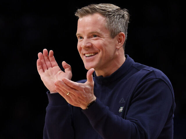 NEW YORK, NEW YORK - MARCH 22: Head coach Dusty May of the Florida Atlantic Owls reacts in the first half against the Northwestern Wildcats in the first round of the NCAA Men's Basketball Tournament at Barclays Center on March 22, 2024 in New York City.