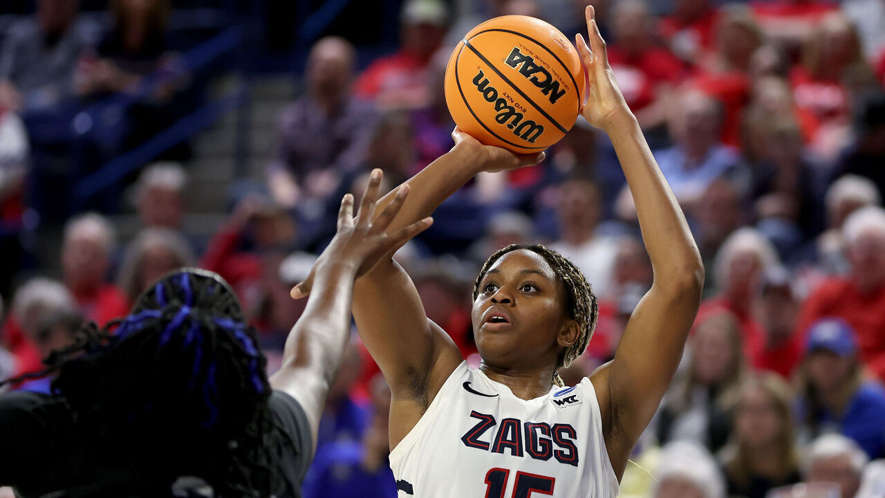 SPOKANE, WASHINGTON - MARCH 23: Yvonne Ejim #15 of the Gonzaga Bulldogs shoots against the UC Irvine Anteaters in the first round of the NCAA Women's Basketball Tournament at McCarthey Athletic Center on March 23, 2024 in Spokane, Washington.