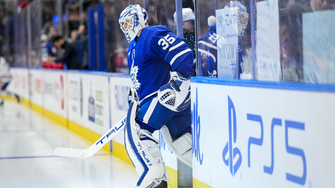 TORONTO, ON - MARCH 23: Ilya Samsonov #35 of the Toronto Maple Leafs steps onto the ice for warm-up before facing the Edmonton Oilers at Scotiabank Arena on March 23, 2024 in Toronto, Ontario, Canada.
