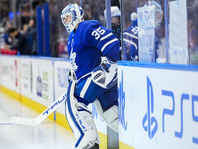 TORONTO, ON - MARCH 23: Ilya Samsonov #35 of the Toronto Maple Leafs steps onto the ice for warm-up before facing the Edmonton Oilers at Scotiabank Arena on March 23, 2024 in Toronto, Ontario, Canada.