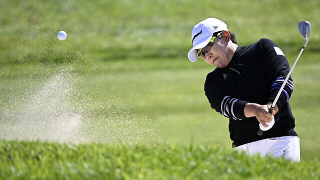 PALOS VERDES ESTATES, CALIFORNIA - MARCH 23: Jiyai Shin of South Korea hits from the bunker on the 16th hole during the third round of the FIR HILLS SERI PAK Championship at Palos Verdes Golf Club on March 23, 2024 in Palos Verdes Estates, California.