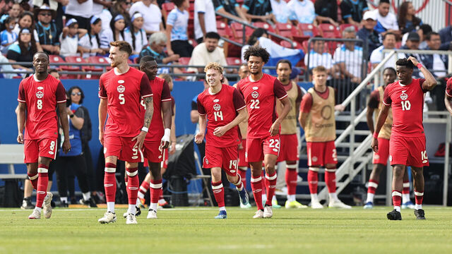 FRISCO, TEXAS - MARCH 23: Jacob Shaffelburg #14 of Canada celebrates with teammates after scoring the second goal of his team during during Play-In - Concacaf Nations League match between Canada and Trinidad & Tobago at Toyota Stadium on March 23, 2024 in Frisco, Texas.