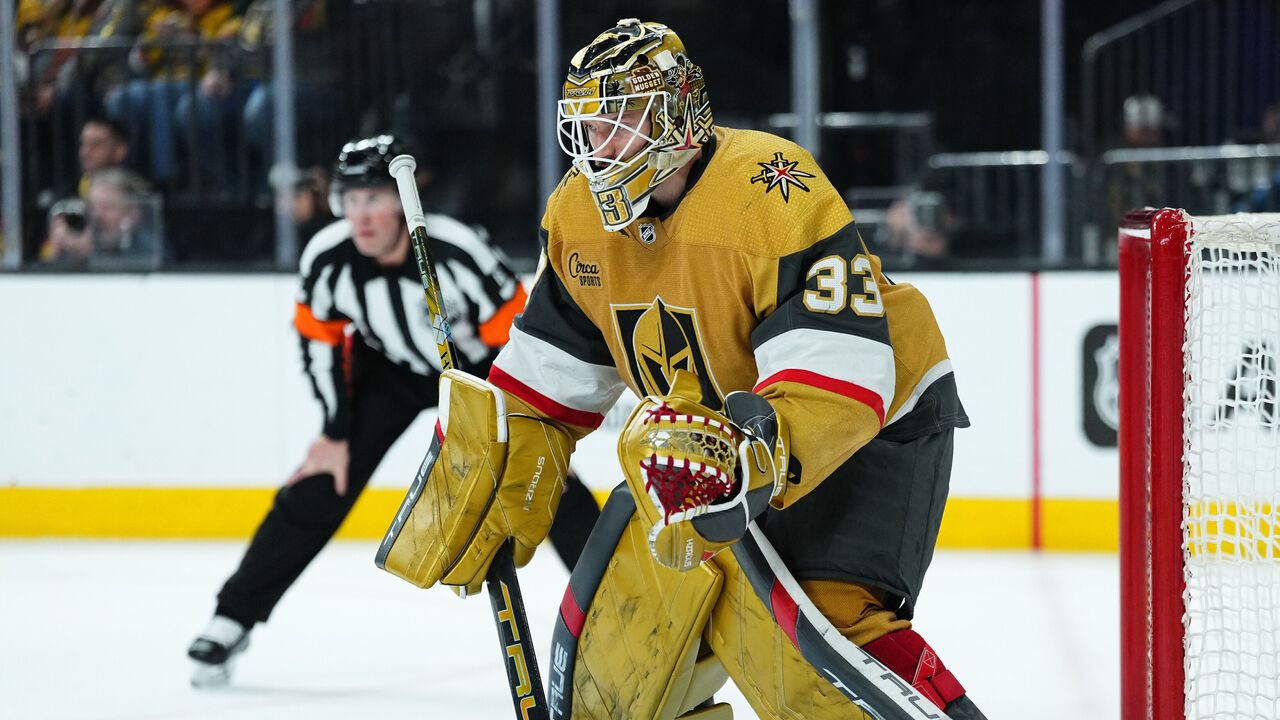 LAS VEGAS, NEVADA - MARCH 23: Adin Hill #33 of the Vegas Golden Knights tends net during the second period against the Columbus Blue Jackets at T-Mobile Arena on March 23, 2024 in Las Vegas, Nevada.