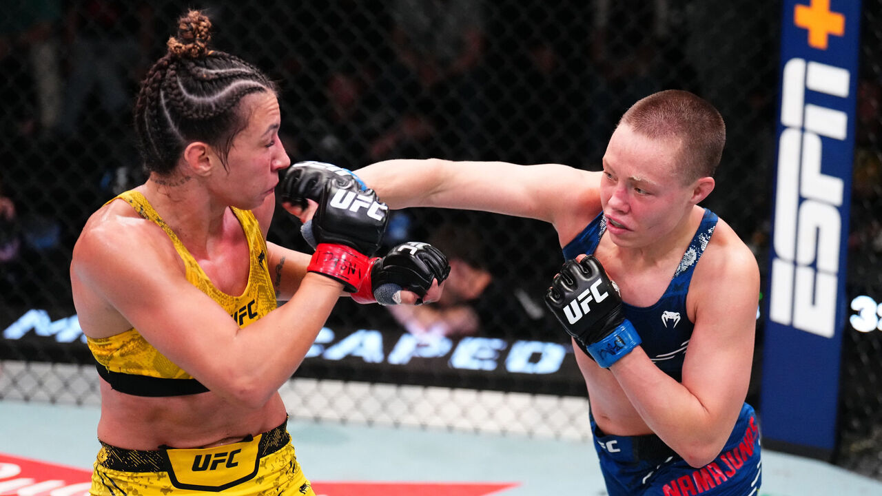 LAS VEGAS, NEVADA - MARCH 23: (R-L) Rose Namajunas punches Amanda Ribas of Brazil in a flyweight fight during the UFC Fight Night event at UFC APEX on March 23, 2024 in Las Vegas, Nevada.