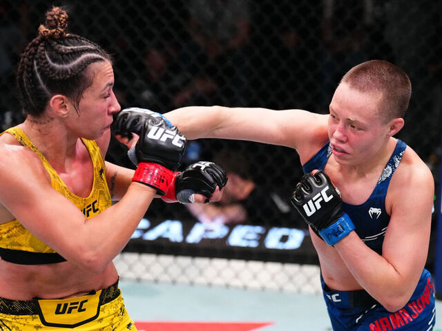 LAS VEGAS, NEVADA - MARCH 23: (R-L) Rose Namajunas punches Amanda Ribas of Brazil in a flyweight fight during the UFC Fight Night event at UFC APEX on March 23, 2024 in Las Vegas, Nevada.