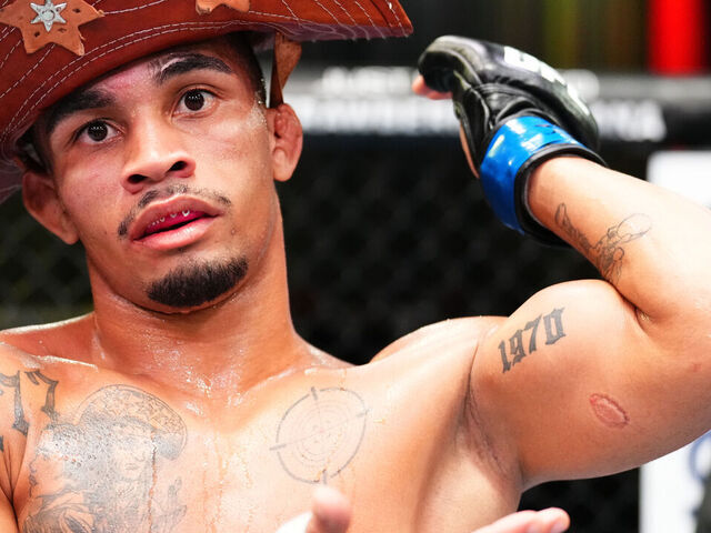 LAS VEGAS, NEVADA - MARCH 23: Andre Lima of Brazil shows a bite mark on his arm after his flyweight fight against Igor Severino of Brazil during the UFC Fight Night event at UFC APEX on March 23, 2024 in Las Vegas, Nevada. Severino was disqualified for biting Lima in the second round.