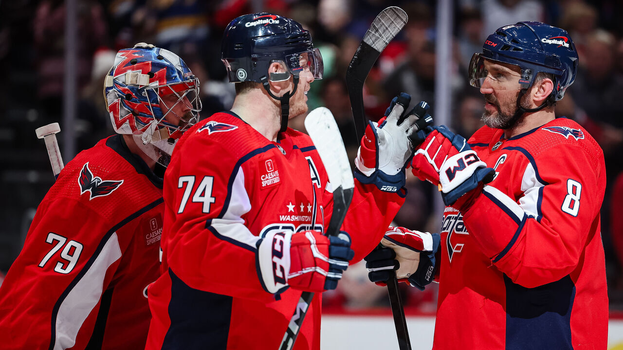 WASHINGTON, DC - MARCH 24: Charlie Lindgren #79, John Carlson #74, and Alex Ovechkin #8 of the Washington Capitals celebrate after the game against the Winnipeg Jets at Capital One Arena on March 24, 2024 in Washington, DC.