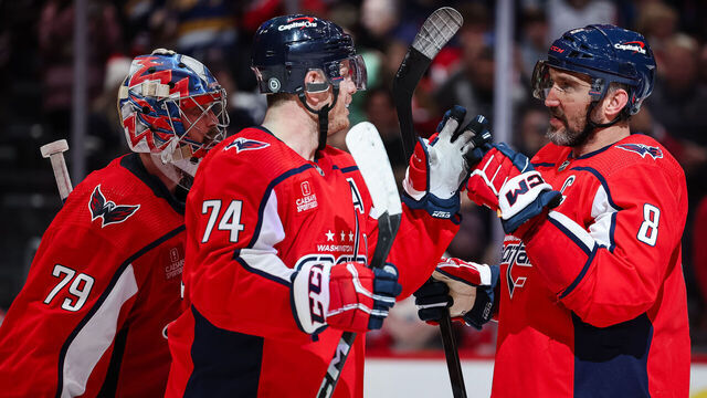 WASHINGTON, DC - MARCH 24: Charlie Lindgren #79, John Carlson #74, and Alex Ovechkin #8 of the Washington Capitals celebrate after the game against the Winnipeg Jets at Capital One Arena on March 24, 2024 in Washington, DC.