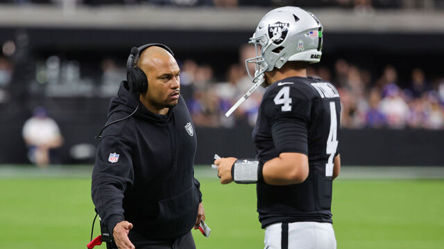 LAS VEGAS, NEVADA - NOVEMBER 05: Interim head coach Antonio Pierce of the Las Vegas Raiders high-fives Aidan O'Connell #4 in the first quarter of a game against the New York Giants at Allegiant Stadium on November 05, 2023 in Las Vegas, Nevada.