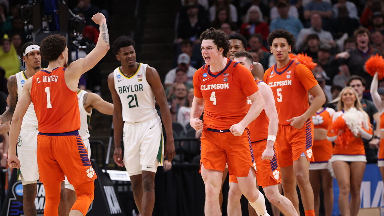 MEMPHIS, TENNESSEE - MARCH 24: Ian Schieffelin #4 of the Clemson Tigers celebrates in a game against the Baylor Bears during the second round of the 2024 NCAA Men's Basketball Tournament held at FedExForum on March 24, 2024 in Memphis, Tennessee.