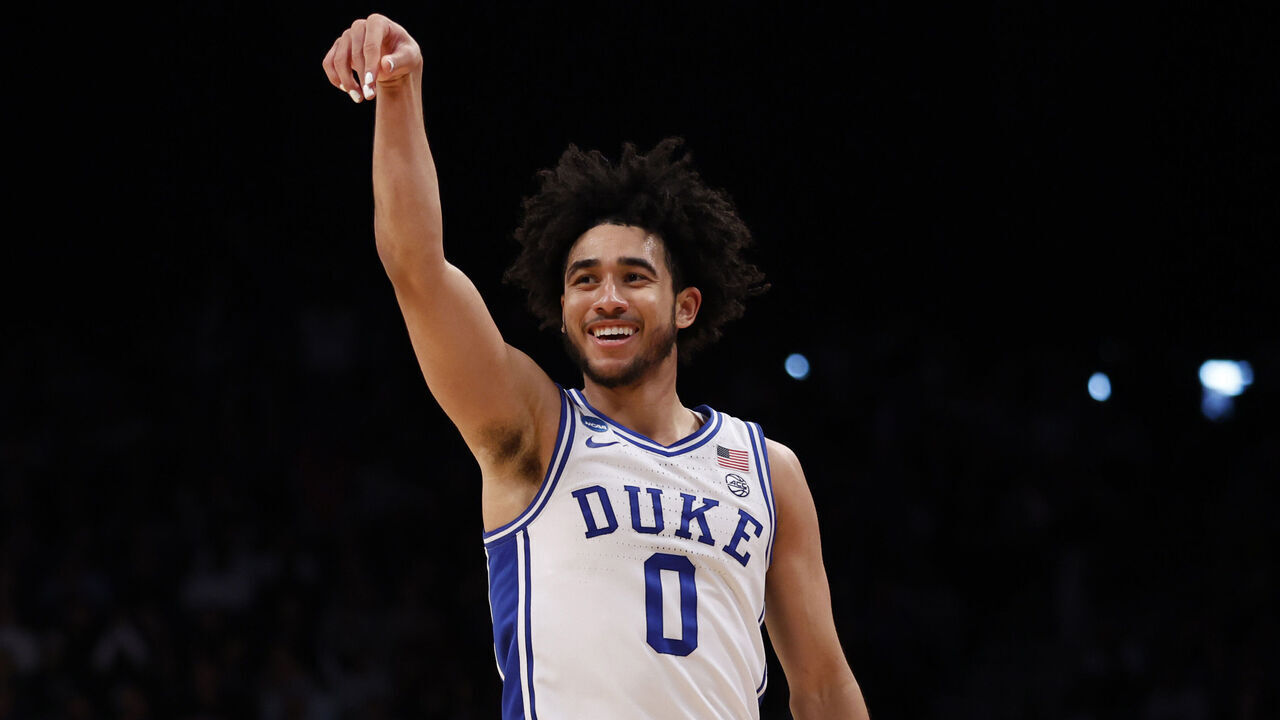 NEW YORK, NEW YORK - MARCH 24: Jared McCain #0 of the Duke Blue Devils reacts during the second half against the James Madison Dukes in the second round of the NCAA Men's Basketball Tournament at Barclays Center on March 24, 2024 in New York City.