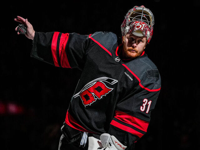 RALEIGH, NORTH CAROLINA - MARCH 24: Frederik Andersen #31 of the Carolina Hurricanes celebrates after a win over the Toronto Maple Leafs at PNC Arena on March 24, 2024 in Raleigh, North Carolina.