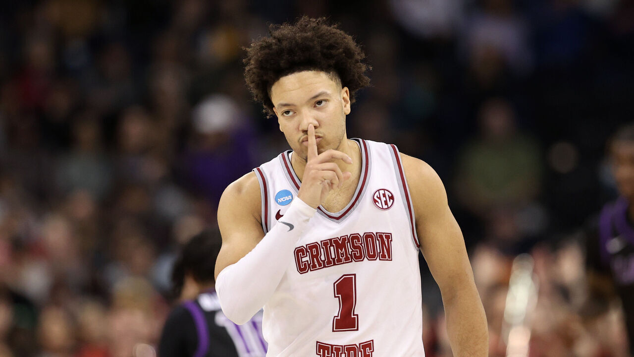 SPOKANE, WASHINGTON - MARCH 24: Mark Sears #1 of the Alabama Crimson Tide celebrates a three-point basket during the second half against the Grand Canyon Antelopes in the second round of the NCAA Men's Basketball Tournament at Spokane Veterans Memorial Arena on March 24, 2024 in Spokane, Washington.