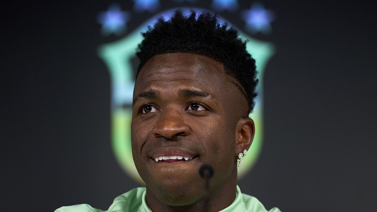 MADRID, SPAIN - MARCH 25: Vinicius Junior of Brasil reacts during a press conference ahead of the friendly match between Spain and Brazil at Estadio Alfredo Di Stefano on March 25, 2024 in Madrid, Spain.