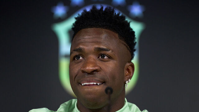 MADRID, SPAIN - MARCH 25: Vinicius Junior of Brasil reacts during a press conference ahead of the friendly match between Spain and Brazil at Estadio Alfredo Di Stefano on March 25, 2024 in Madrid, Spain.