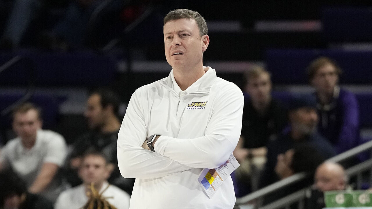 HARRISONBURG, VA - JANUARY 11: Head coach Mark Byington of the James Madison Dukes looks on during a college basketball game against the South Alabama Jaguars at the Atlantic Union Bank Center on January 11, 2024 in Harrisonburg, Virginia.
