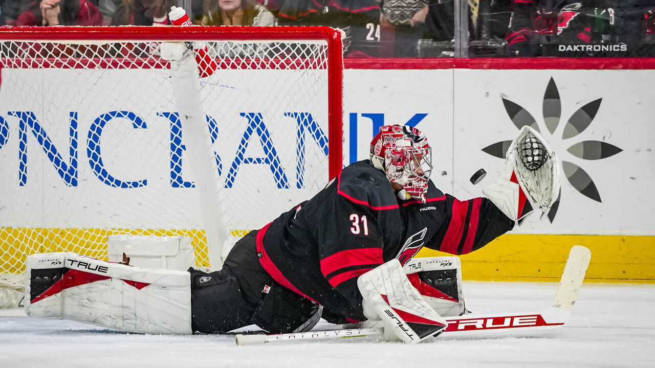 RALEIGH, NORTH CAROLINA - MARCH 24: Frederik Andersen #31 of the Carolina Hurricanes makes a save during the second period in the game against the Toronto Maple Leafs at PNC Arena on March 24, 2024 in Raleigh, North Carolina.